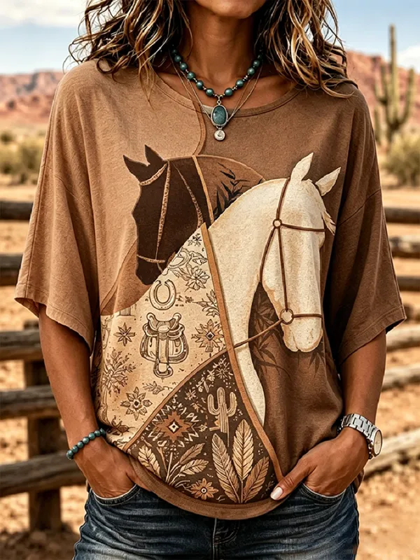 Vintage Dual Horse Cactus Aztec Patchwork Western Loose Fit Women Short Sleeve Tee