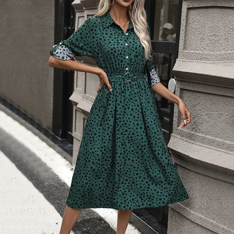 Women's Shirt Long-Sleeve Polka-Dot Belted Dress