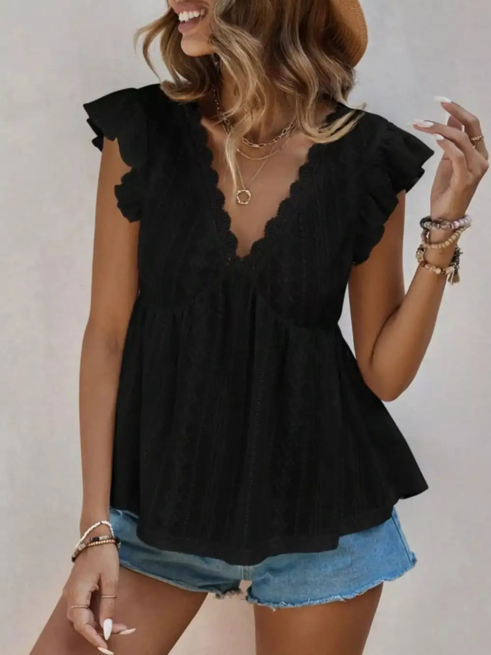 Ruffle Sleeve V Neck Blouse