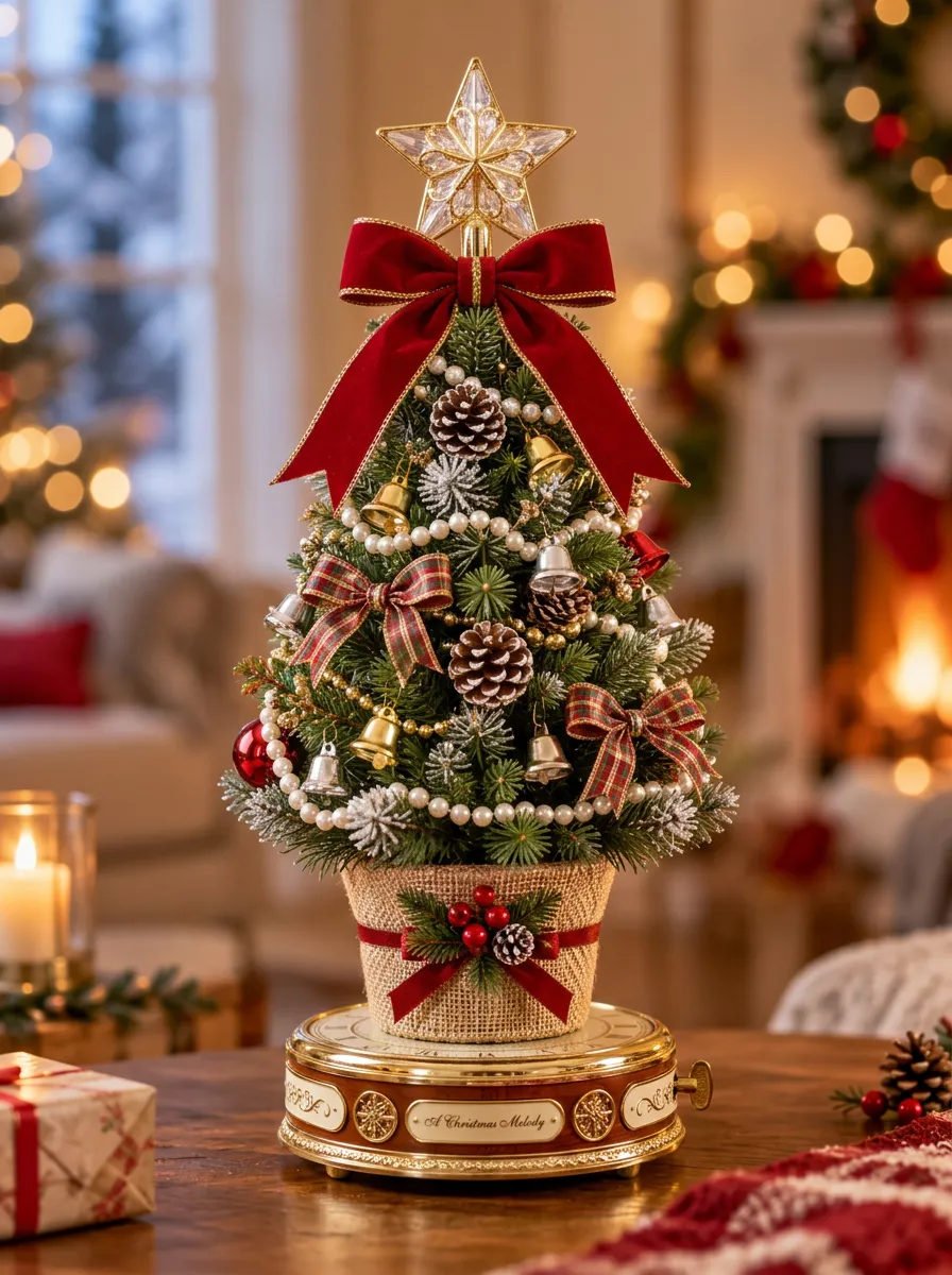 Pinecone Bell Bow Decorated Christmas Tabletop Tree