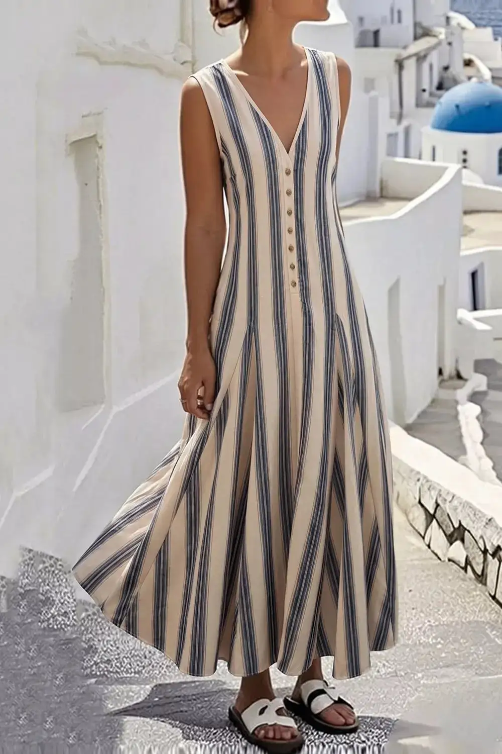 Striped V-Neck Sleeveless Midi Dress