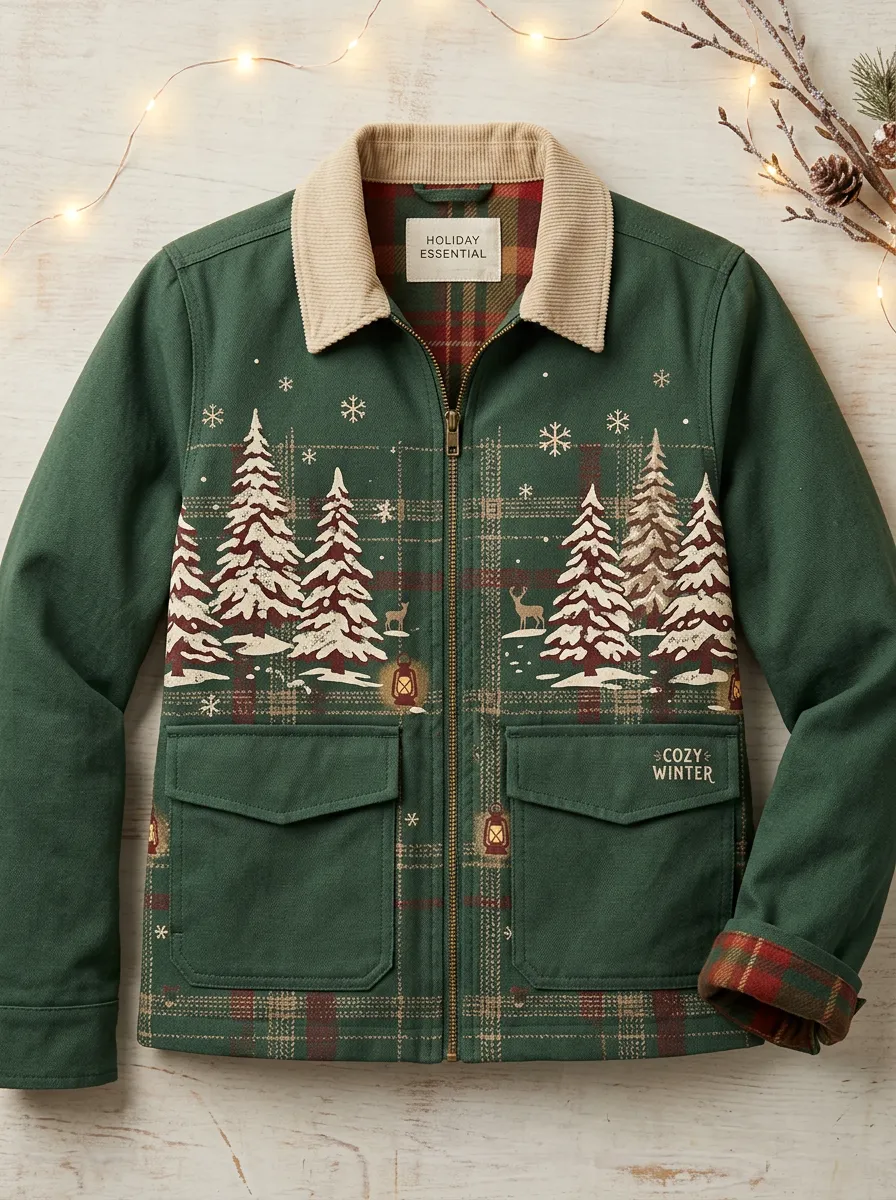 Unisex Christmas Holiday Forest Deer Print Zip-up Jacket