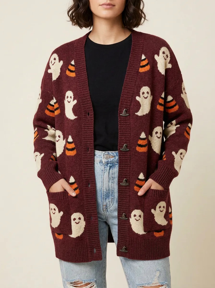 Women's Halloween Ghost Candy Corn Patterned Knit Cardigan