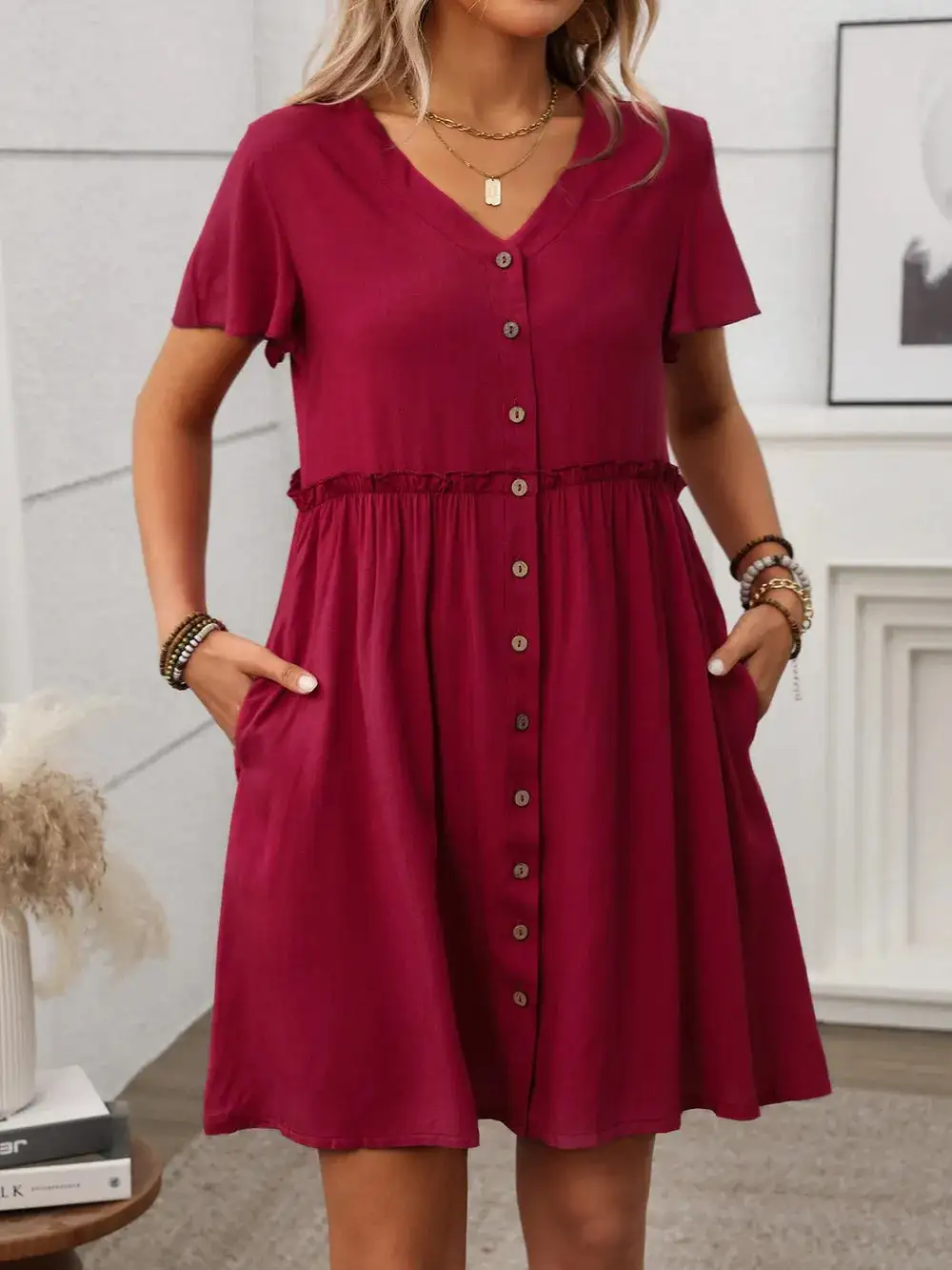 Flutter Sleeve Button Front Dress