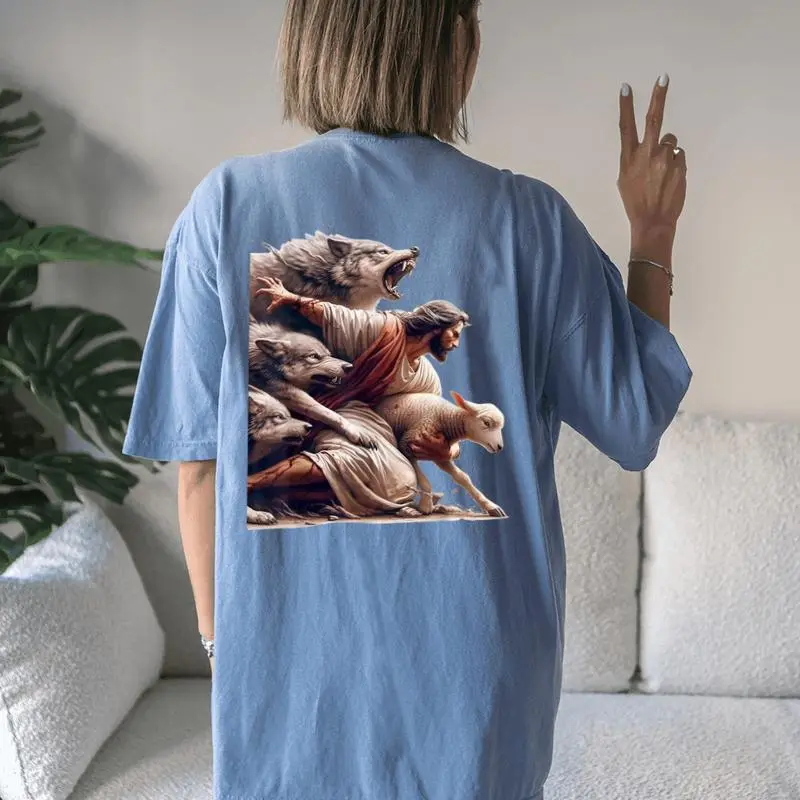Jesus Protects The Lamb From Wolves Christian God Jesus Women's Oversized Comfort T-Shirt Back Print