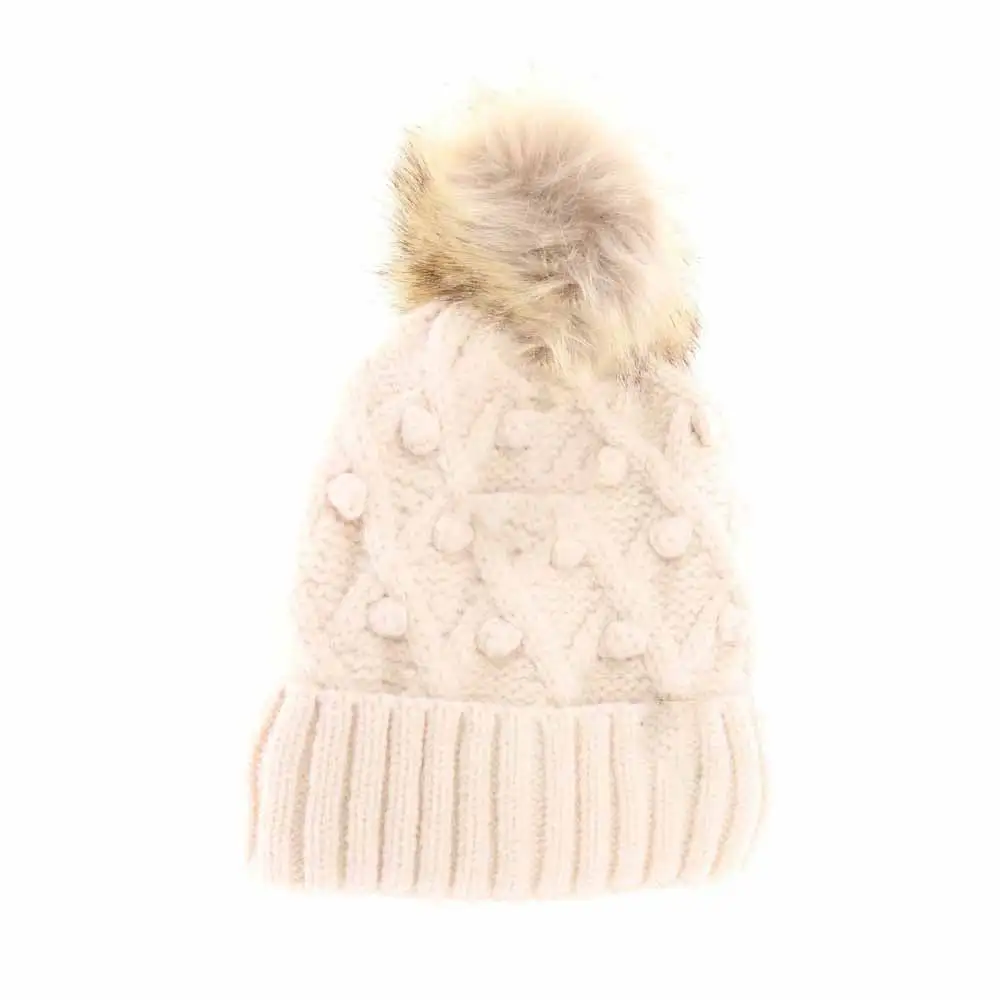 Bobble Knit Faux Fur Pom Beanie