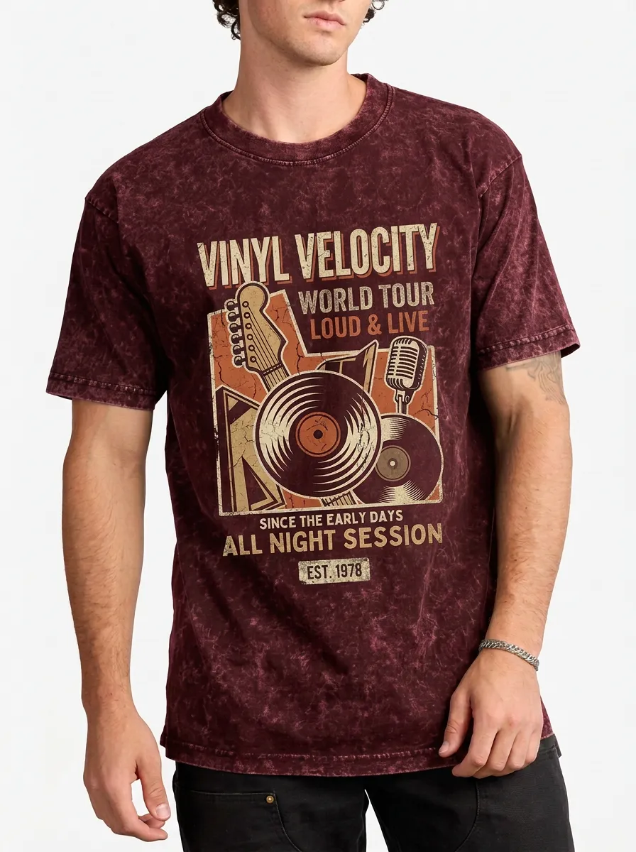 Men's Music Lover Vinyl Record Guitar Printed T-shirt