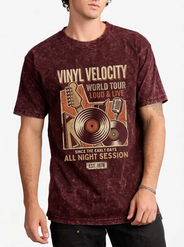 Men's Music Lover Vinyl Record Guitar Printed T-shirt
