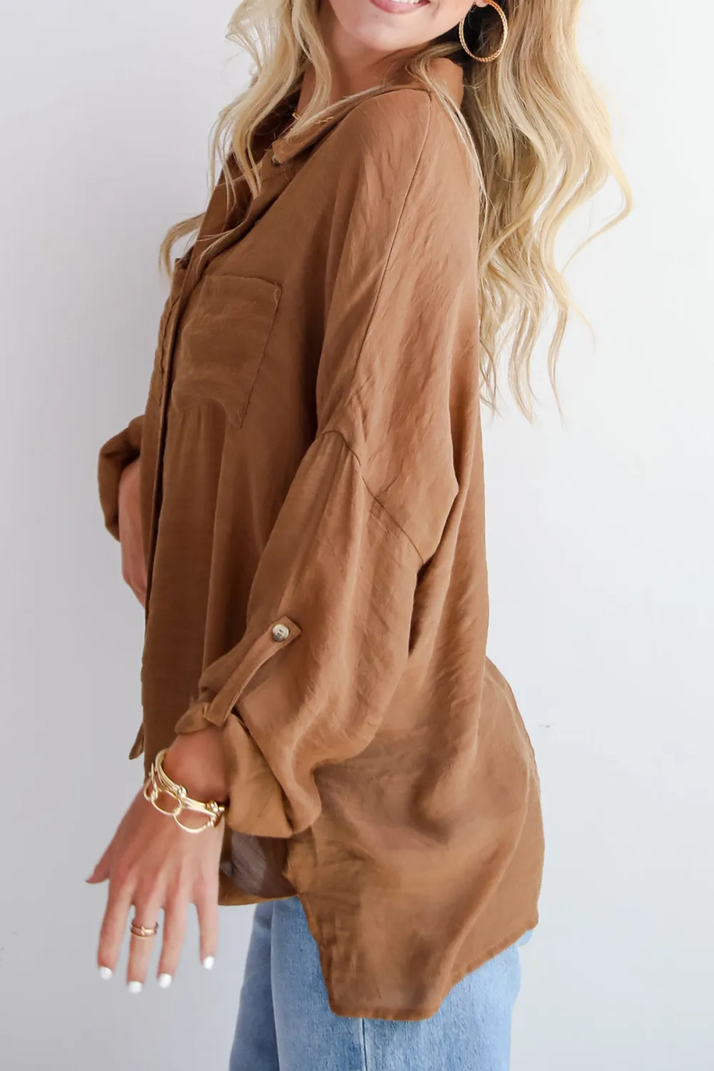 Slight Stretch Button-Up Blouse