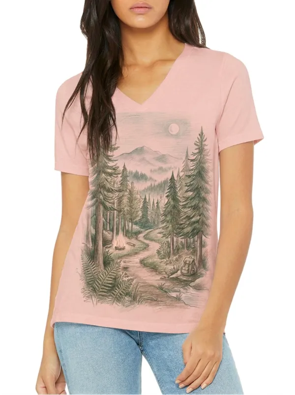 Women's Camping Nature Lover Mountain Forest Printed V-neck T-shirt