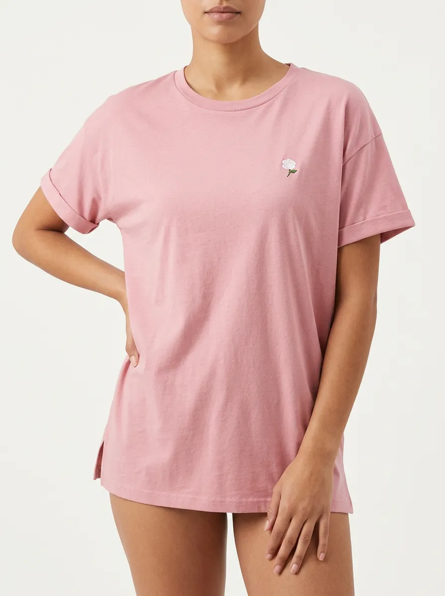 Women's Minimalist Rose Floral Embroidered Pink Printed T-shirt