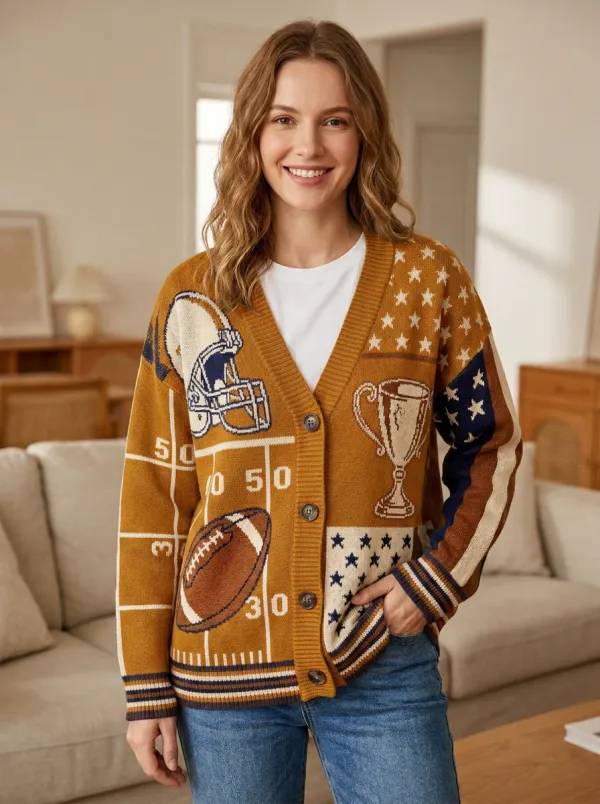Women's Heritage Football Helmet Trophy Stars Knit Knit Cardigan