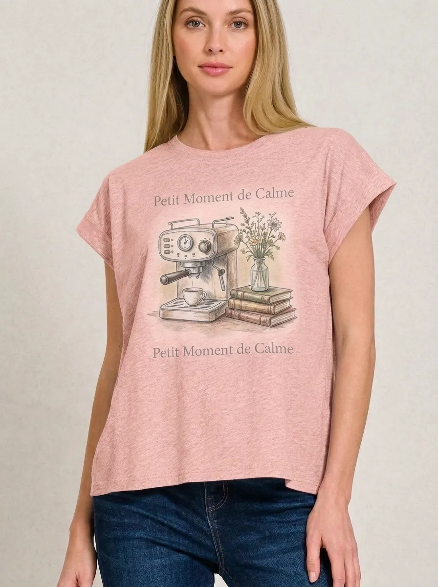 Women's Coffee Lover Books Flowers Petit Moment Printed T-shirt