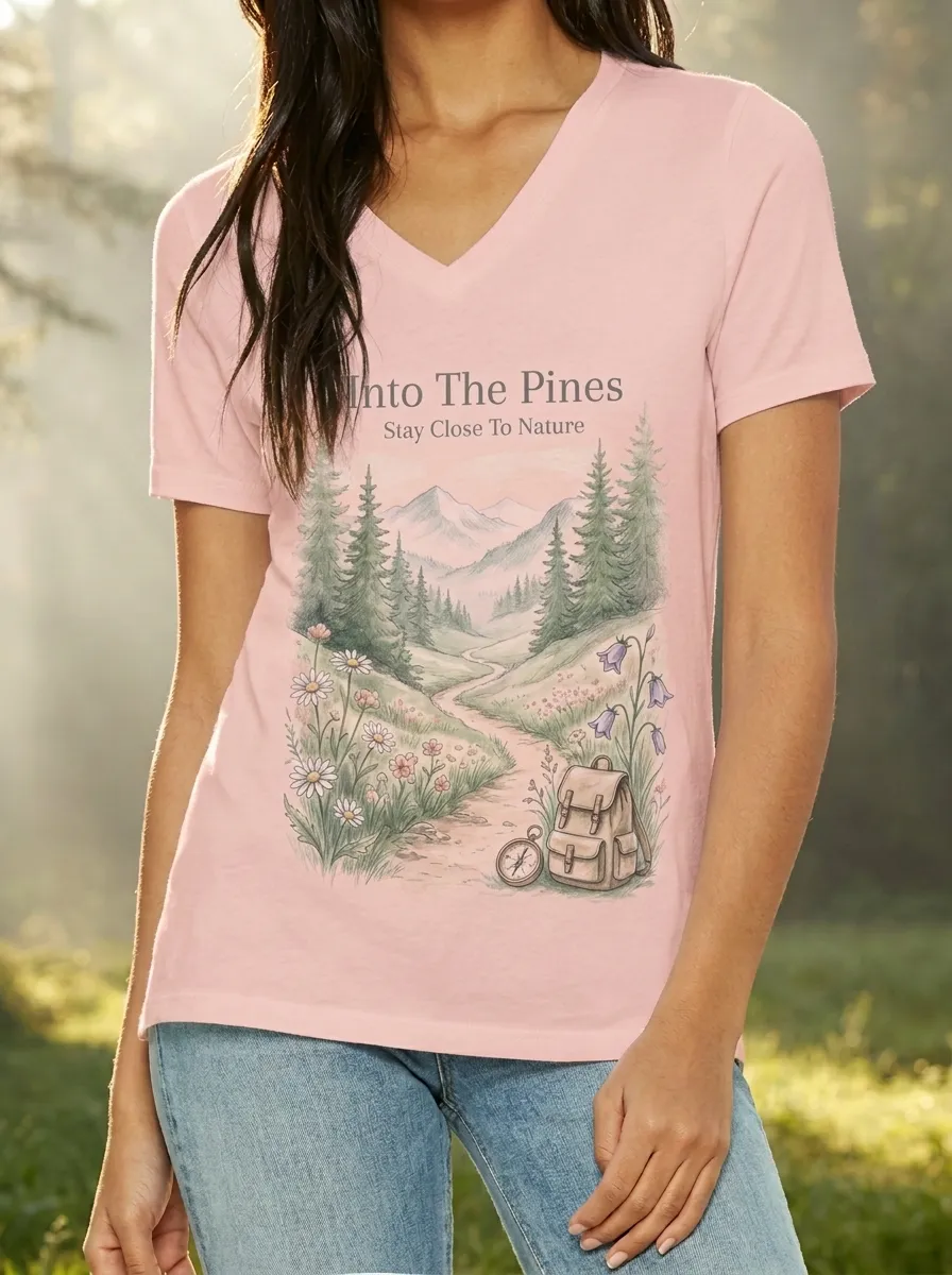 Women's Nature Hiking Lover Mountain Forest Backpack Printed V-neck T-shirt