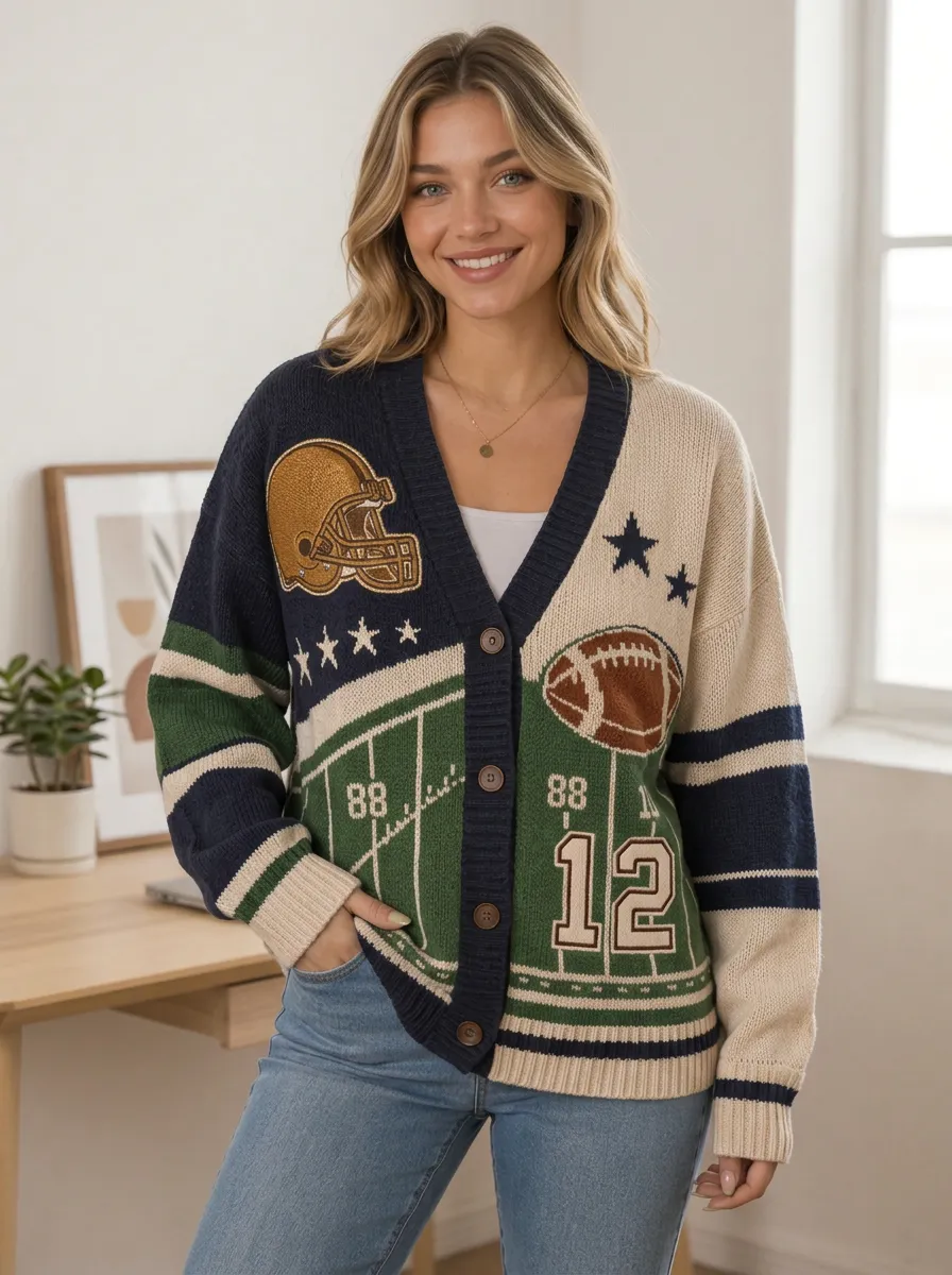 Women's Contemporary Helmet Football Ball Knitted Cardigan