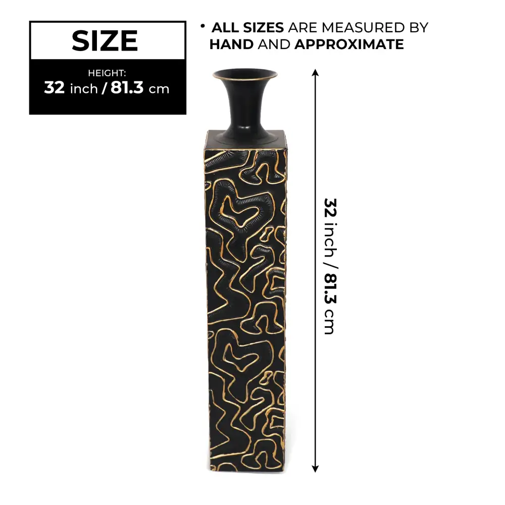 Tall Black and Gold Patterned Pedestal with Vase, Home Decor for Luxurious and Artistic Display
