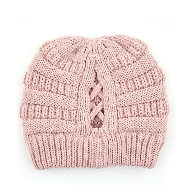 Criss Cross Ponytail Knit Beanie