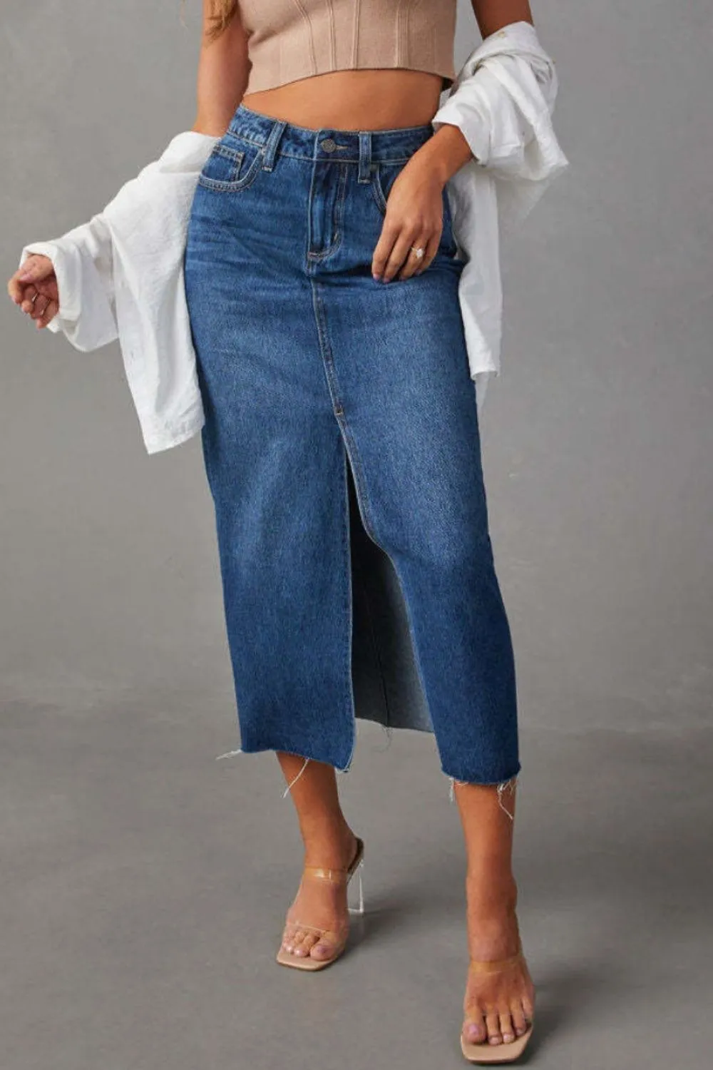 Slit Raw Hem Midi Skirt