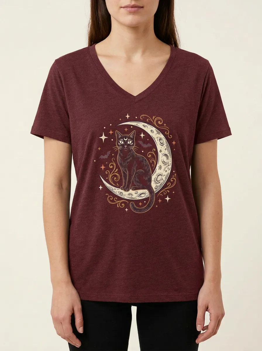 Women's Halloween Cat Lover Crescent Moon Bat Printed V-neck T-shirt