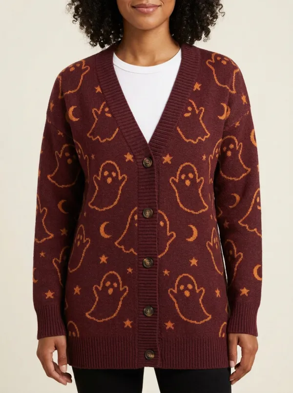 Women's Halloween Ghost Moon Star Patterned Knit Cardigan