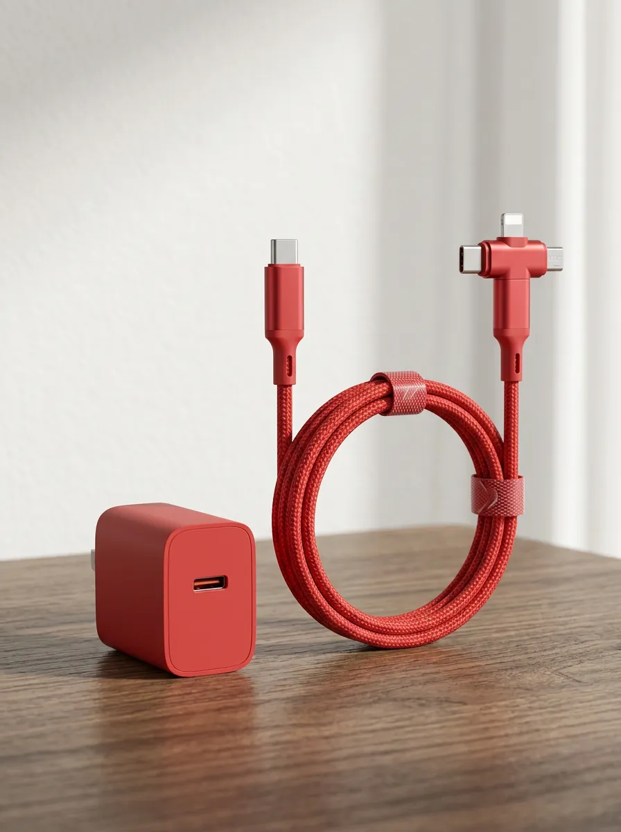 Red Braided Multi-Port Charger and Cable Set