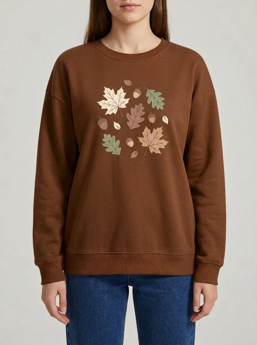 Relaxed Style Maple-Leaf Printed Acorn Graphic Sweatshirt