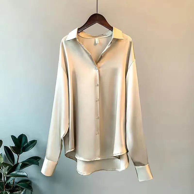 Loose Fit Button Down Satin Blouse