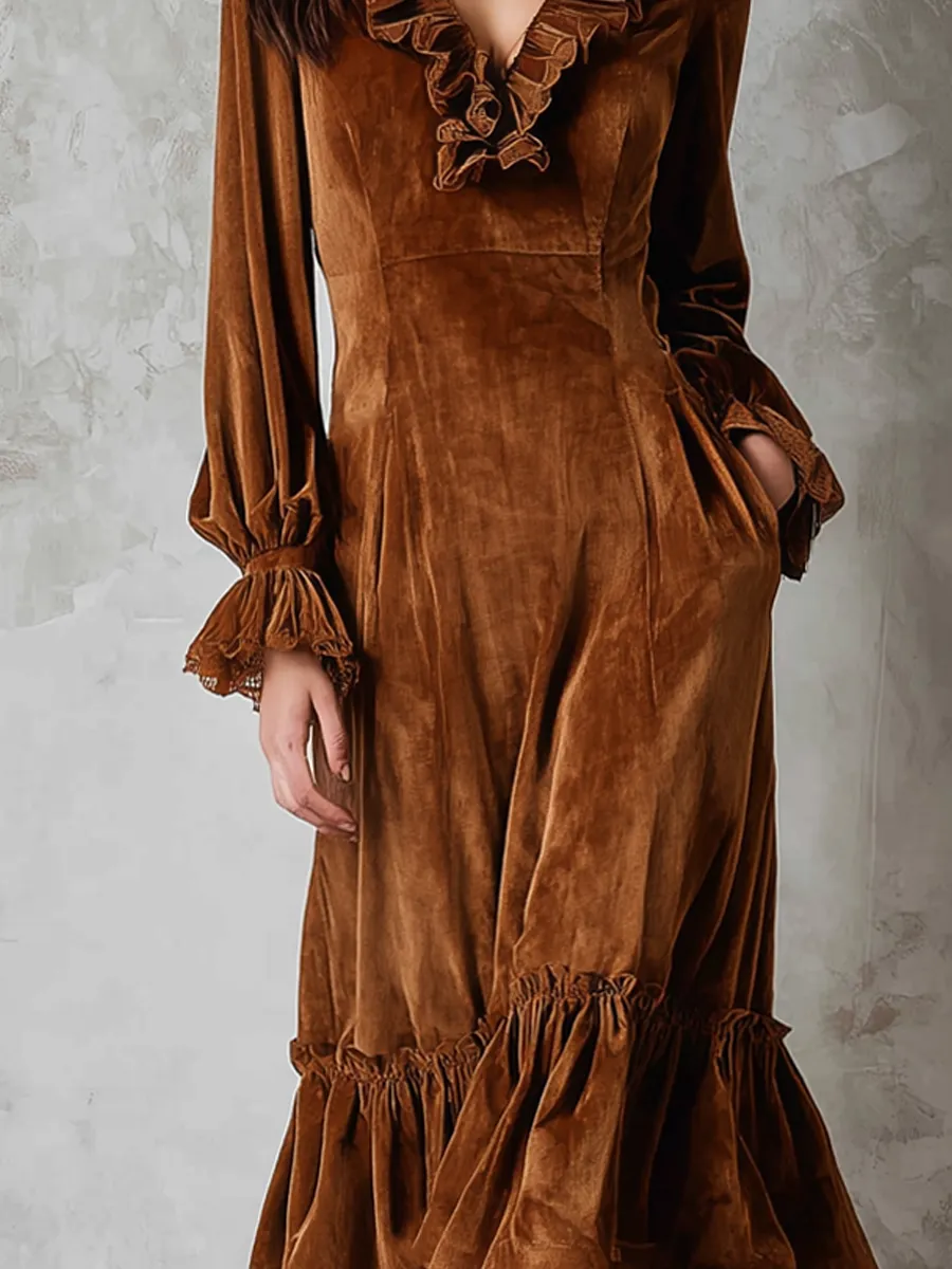 Retro Ruffle Neck Lace Trim Eco-friendly Velvet Midi Dress