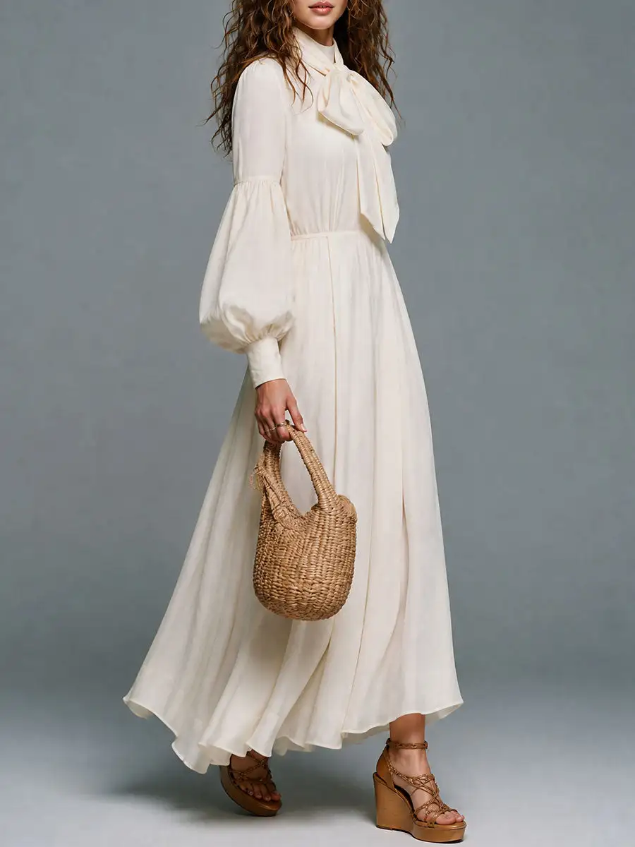 Bishop Sleeve Bow-Tie Neck Maxi Dress