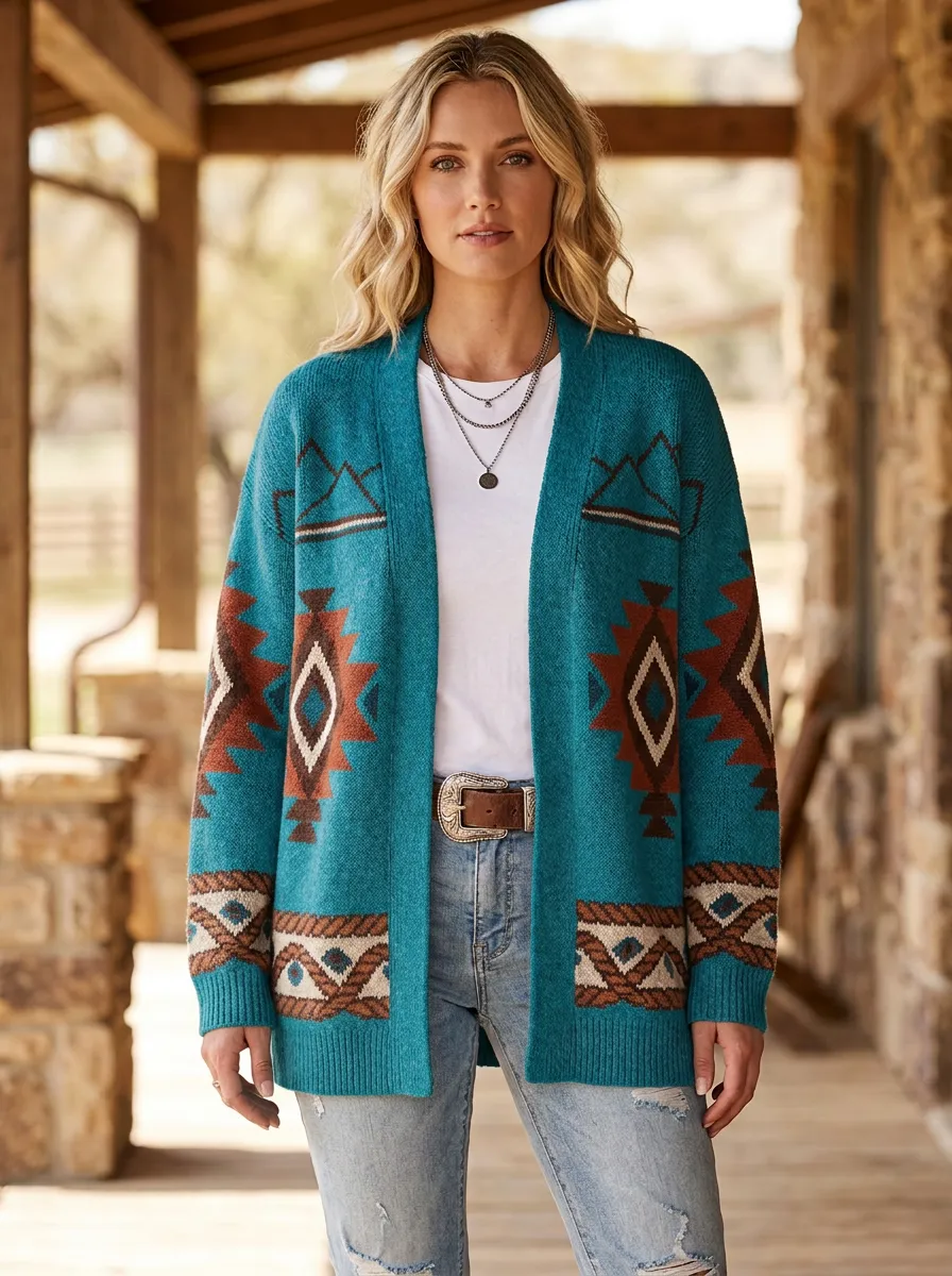 Women's Western Style Geometric Mountain Printed Cardigan