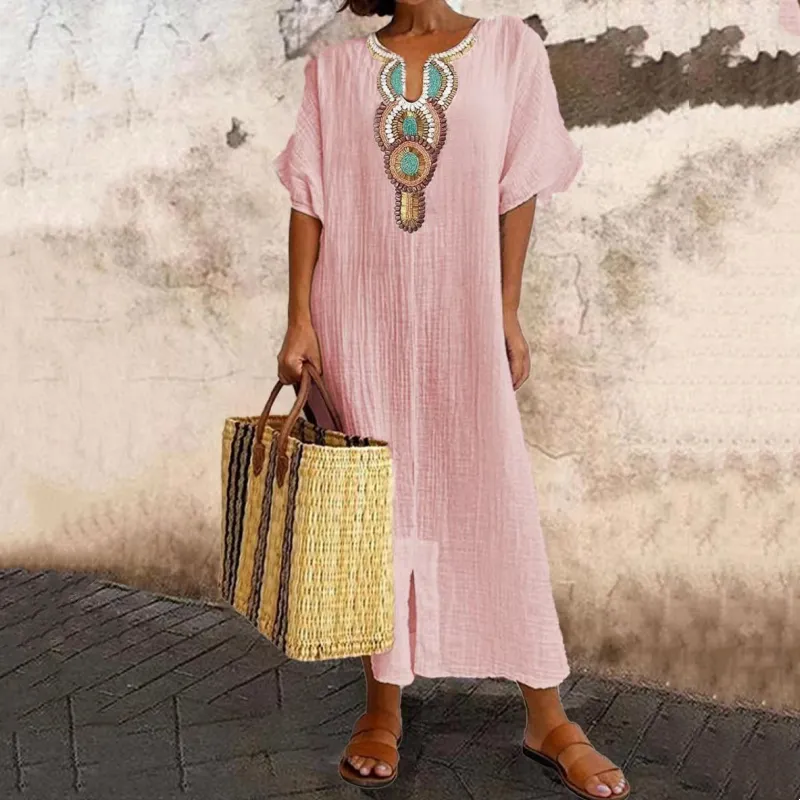 🌿Women's Embroidered Maxi Dress with Front Slit