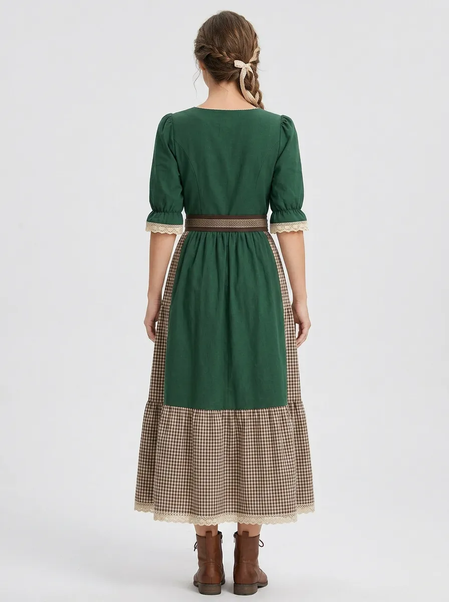 Floral Embroidered Gingham Square Neck Traditional Women's Bavarian Oktoberfest Dirndl Dress