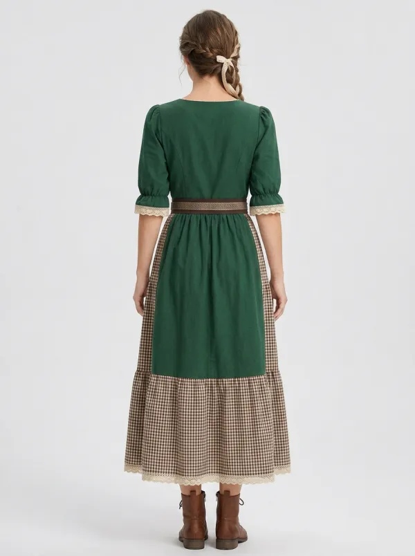 Floral Embroidered Gingham Square Neck Traditional Women's Bavarian Oktoberfest Dirndl Dress