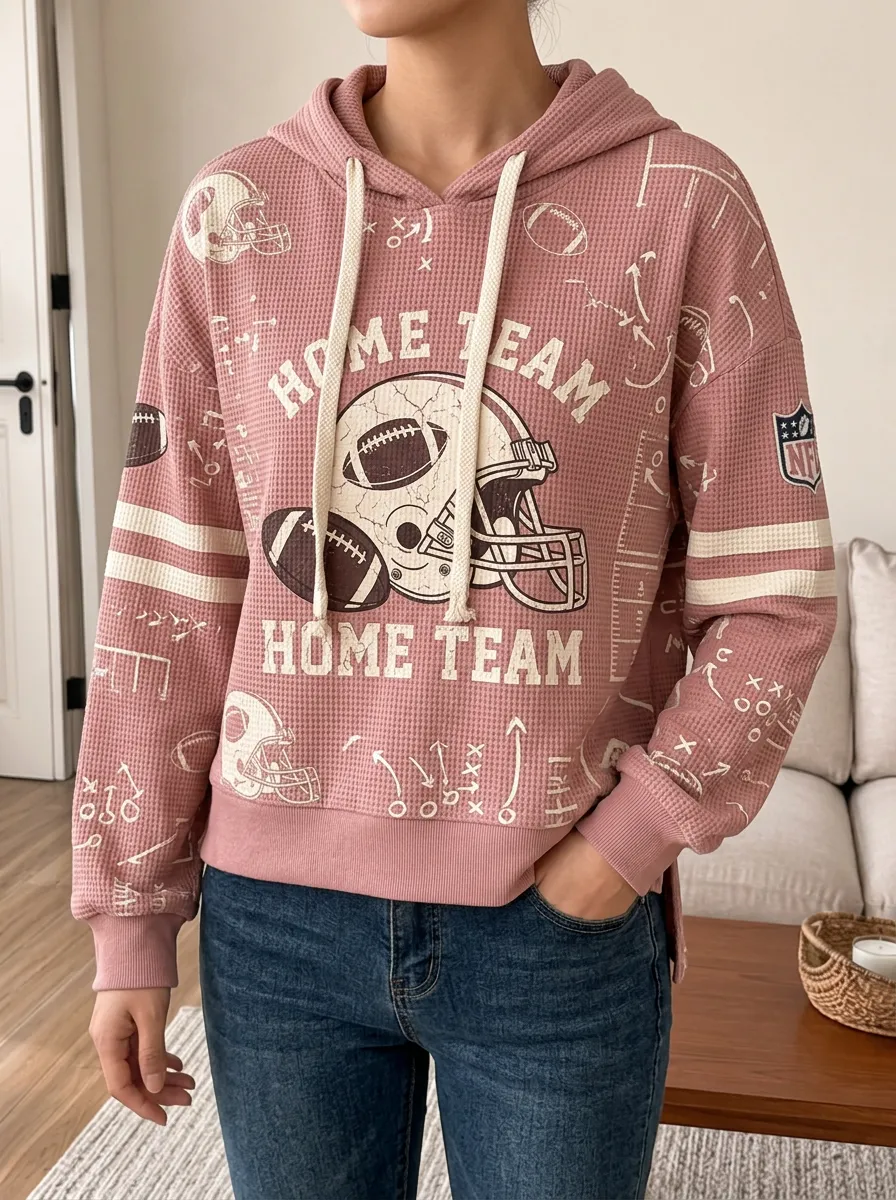 Women's Football Fan Home Team Helmet Printed Waffle Hoodie
