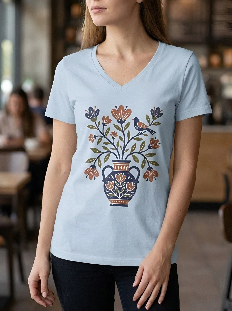 Women's Botanical Bird Vase Folk Art Printed V-Neck T-Shirt