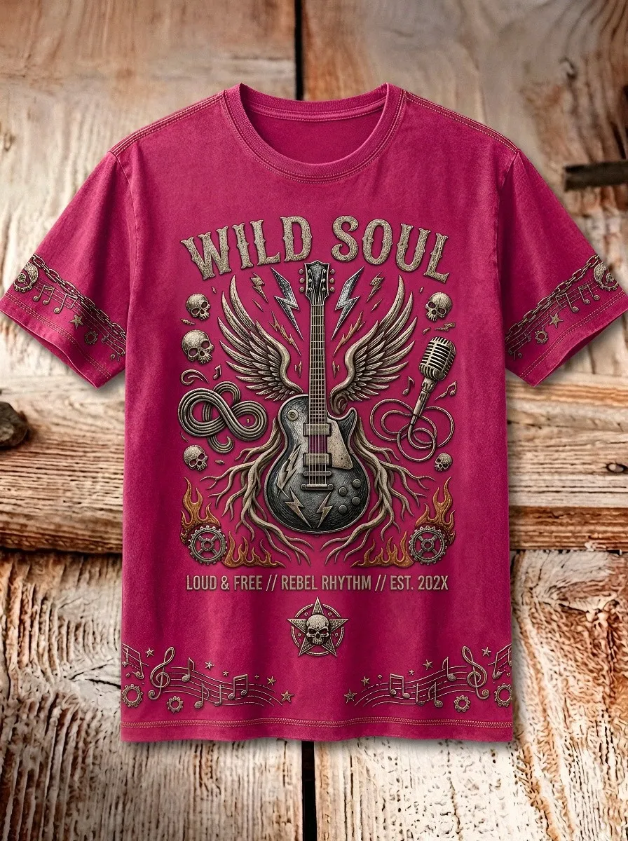 Unisex Wild Soul Rock Guitar Skull Printed T-shirt
