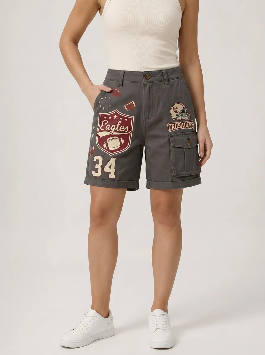 Women's Football Lover Eagles Crusaders Number Printed Cargo Shorts