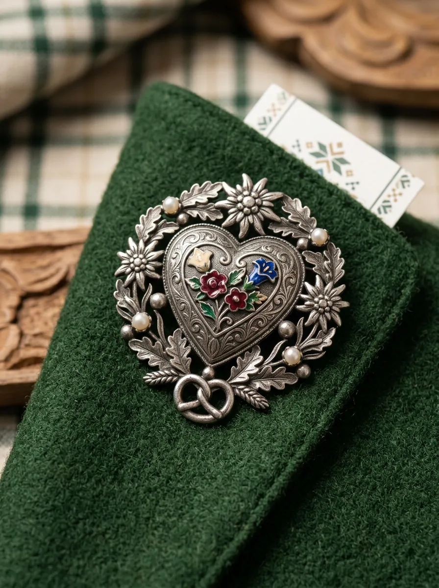 Edelweiss Heart Pretzel Enamel Bavarian Oktoberfest Brooch Pin