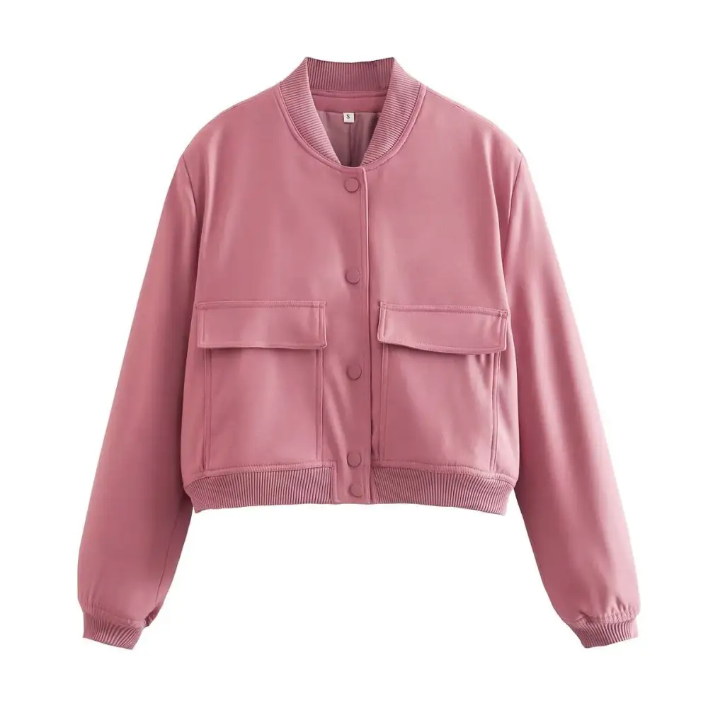 Cropped Snap Front Patch Pocket Ribbed Trim Bomber Jacket