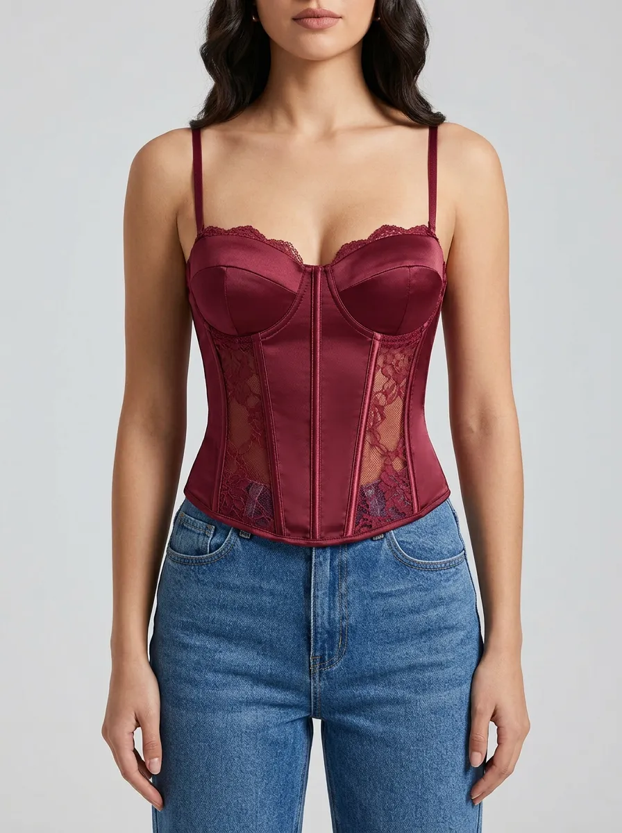 Satin-Look Sheer-Panel Women's Corset Top