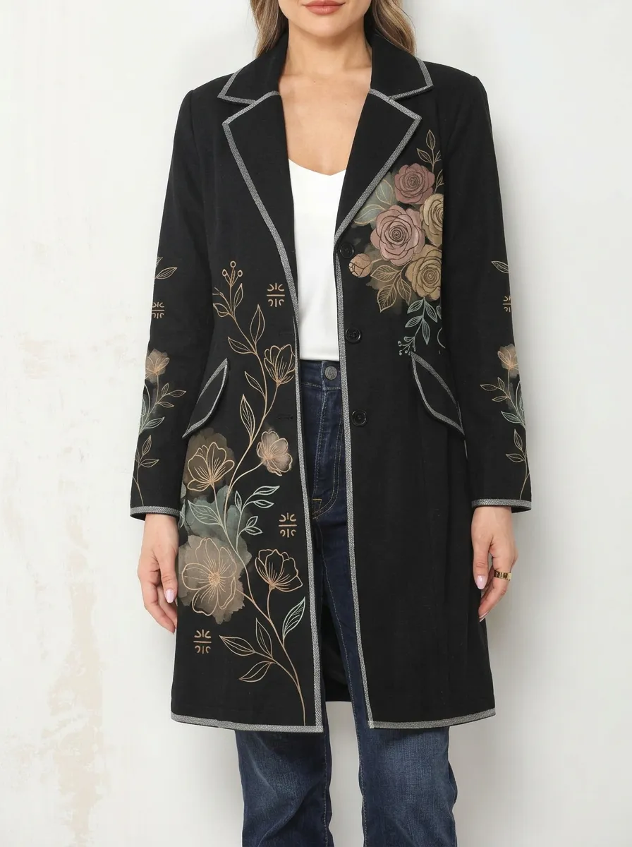 Women's Vintage Floral Botanical Printed Long Blazer Coat