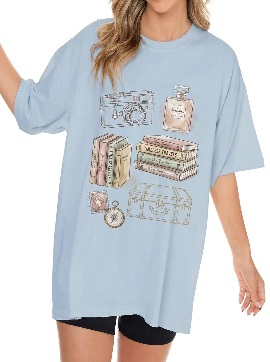 Women's Travel Lover Camera Books Perfume Printed T-shirt