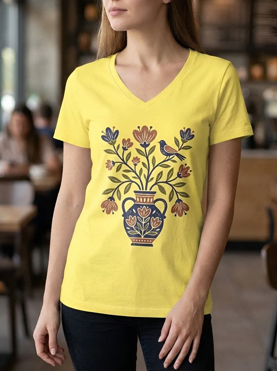 Women's Botanical Bird Vase Folk Art Printed V-Neck T-Shirt