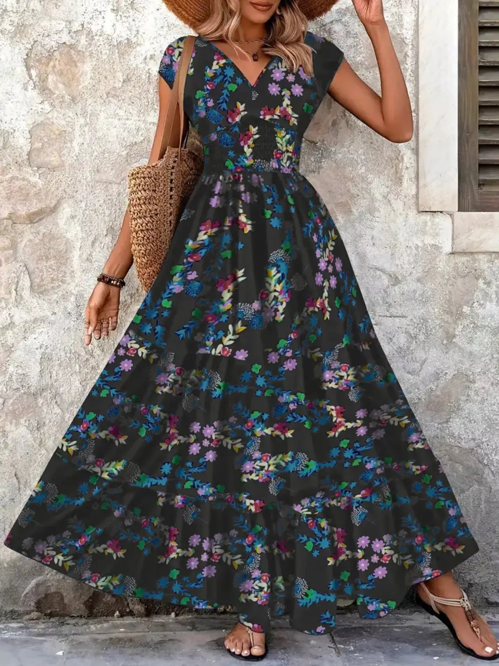 Plus Size Floral V Neck Cap Sleeve Maxi Dress