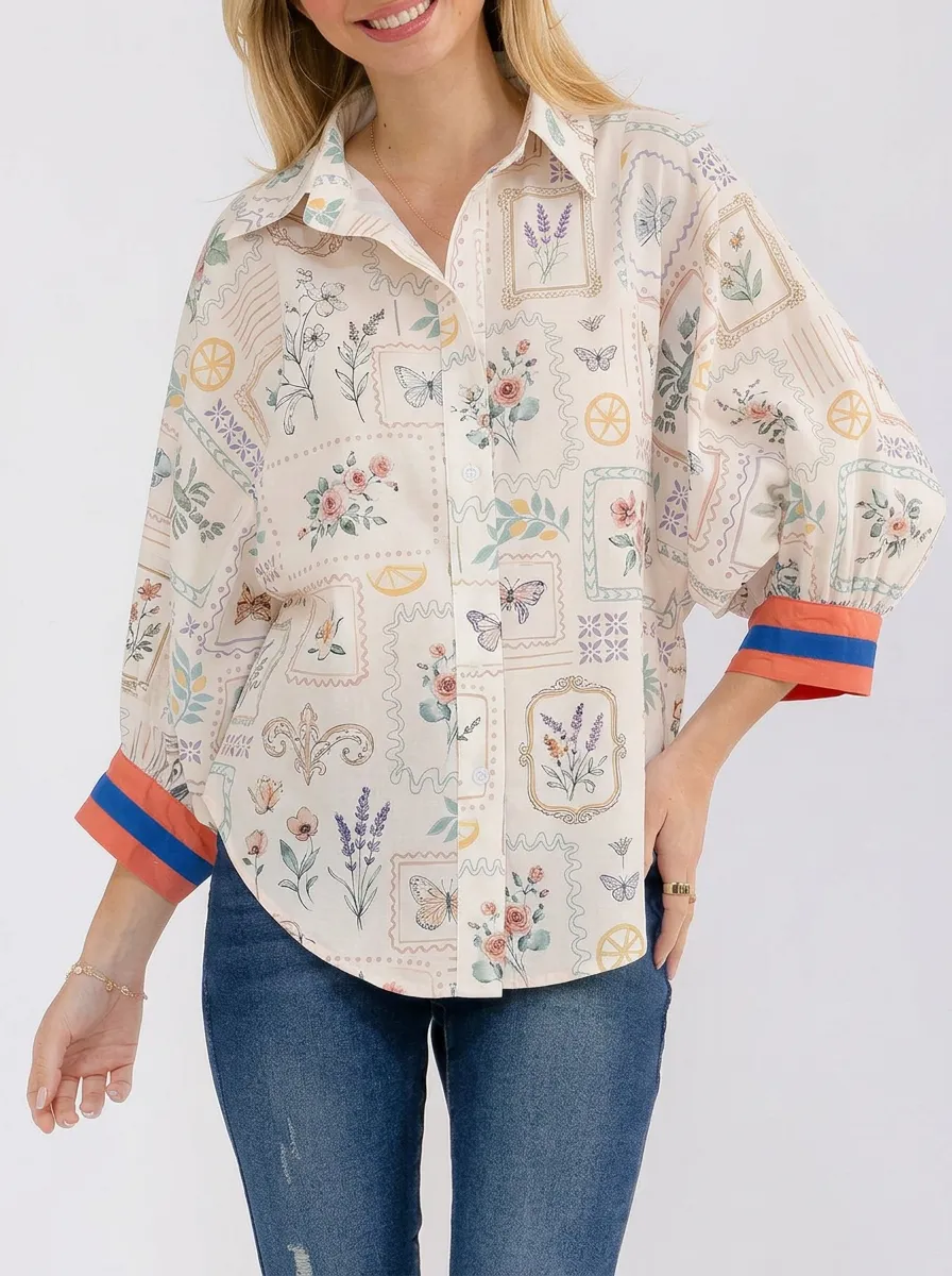 Women's Vintage Botanical Butterfly Stamp Printed Button-up Shirt