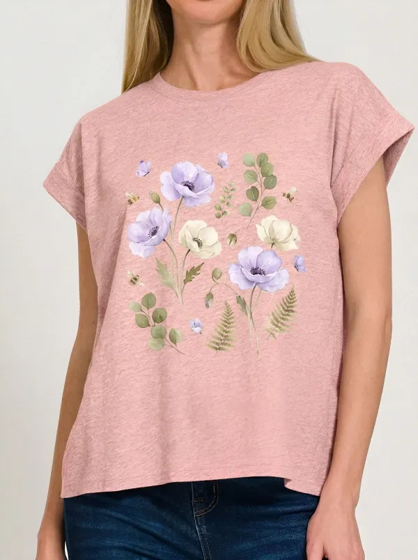Women's Floral Nature Lover Purple Poppy Bee Printed T-shirt