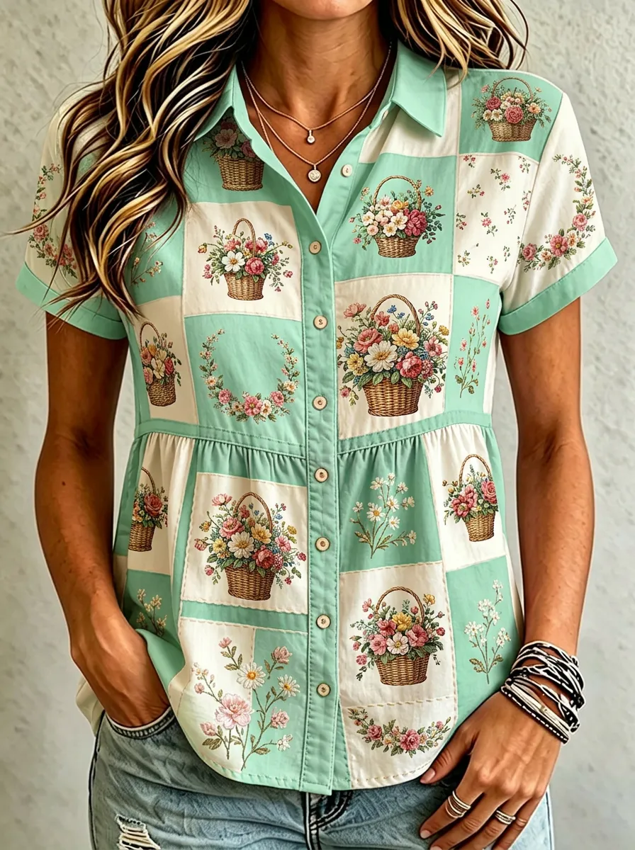 Women's Floral Garden Patchwork Printed Cotton Linen Shirt