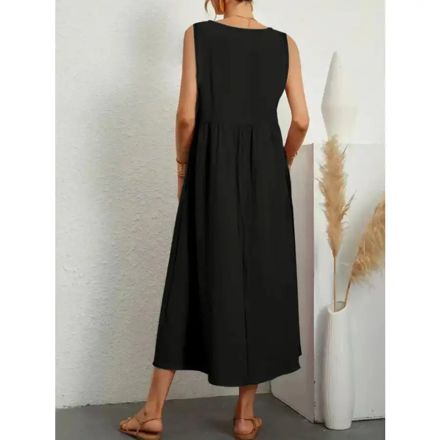 Full Size Pocketed V-Neck Sleeveless Midi Dress Plus Size