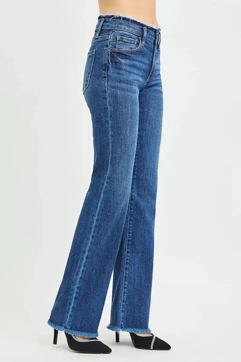 Mid Rise Bootcut Raw Hem Denim Jeans