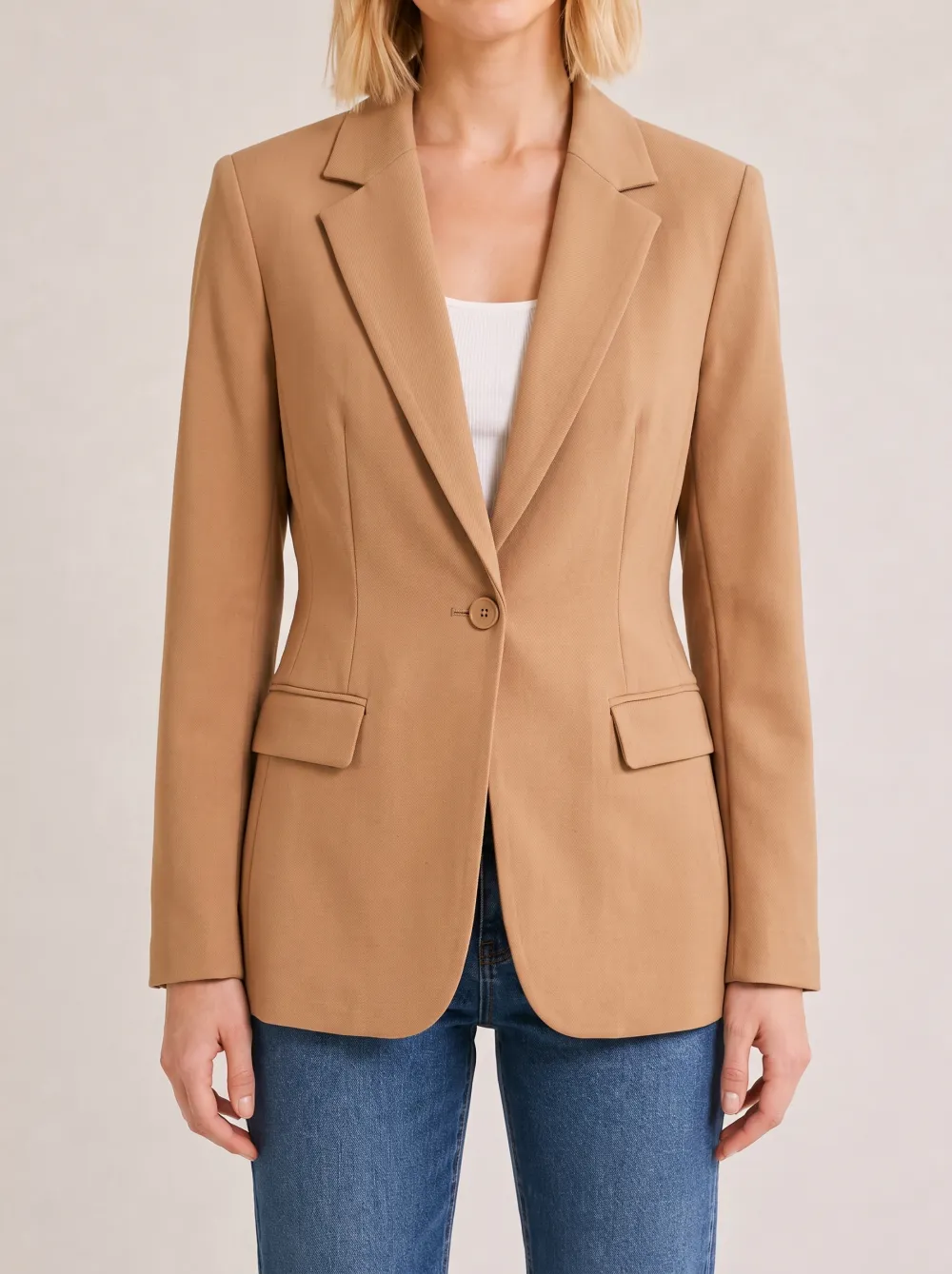 Women's Camel Solid Color Single Button Blazer Jacket
